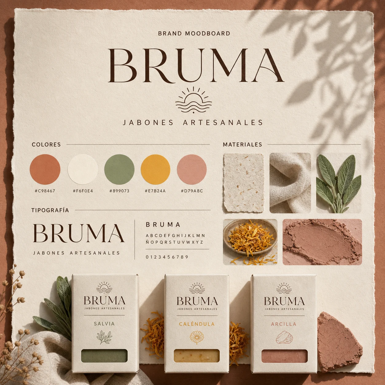 Moodboard de BRUMA con logotipo, paleta natural, materiales y packaging para jabones artesanales