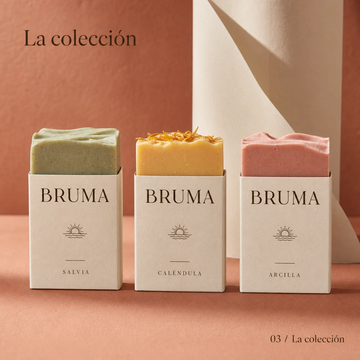 BRUMA: tres jabones con sus fajas de identidad