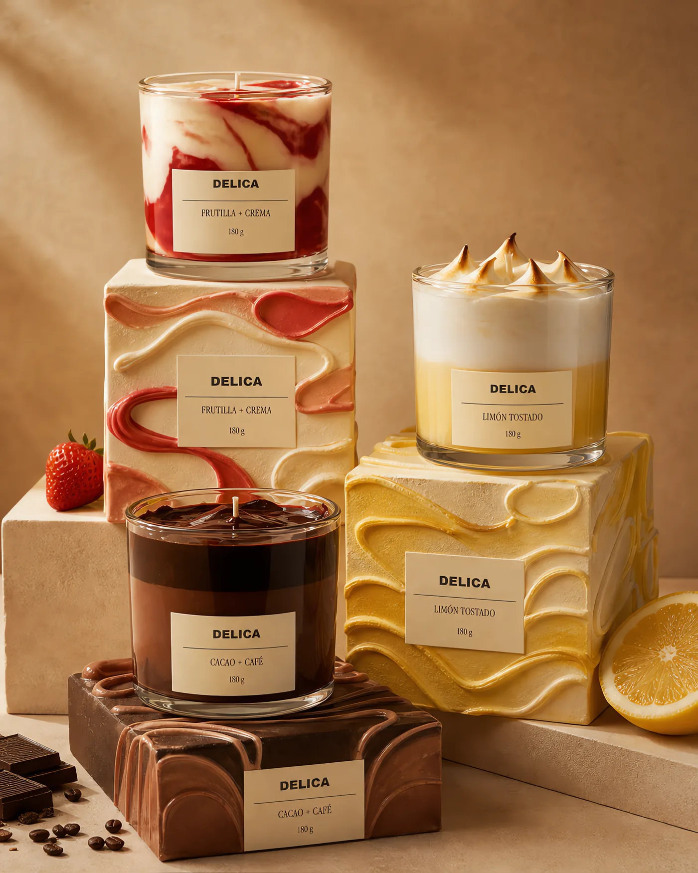 Composición de marca DELICA con tres velas y packaging de la colección