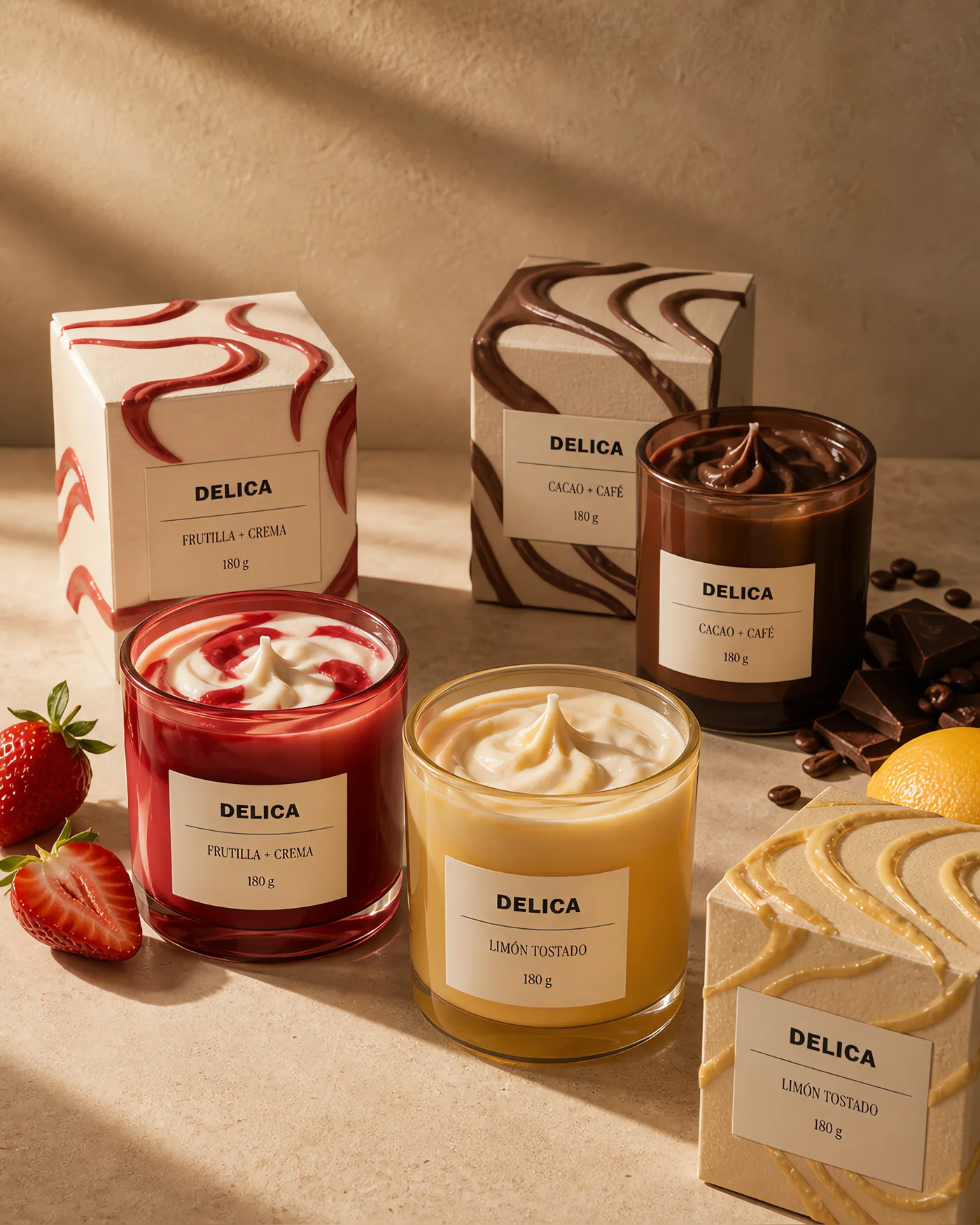 Colección DELICA con velas de frutilla, limón y cacao junto a sus cajas texturadas