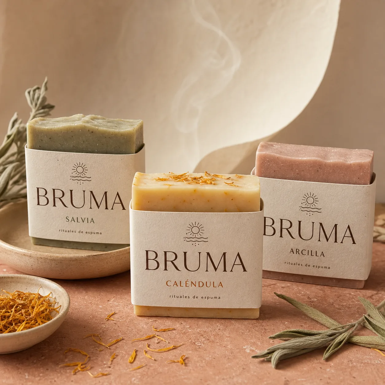 Colección de jabones BRUMA con packaging aplicado en tres variedades
