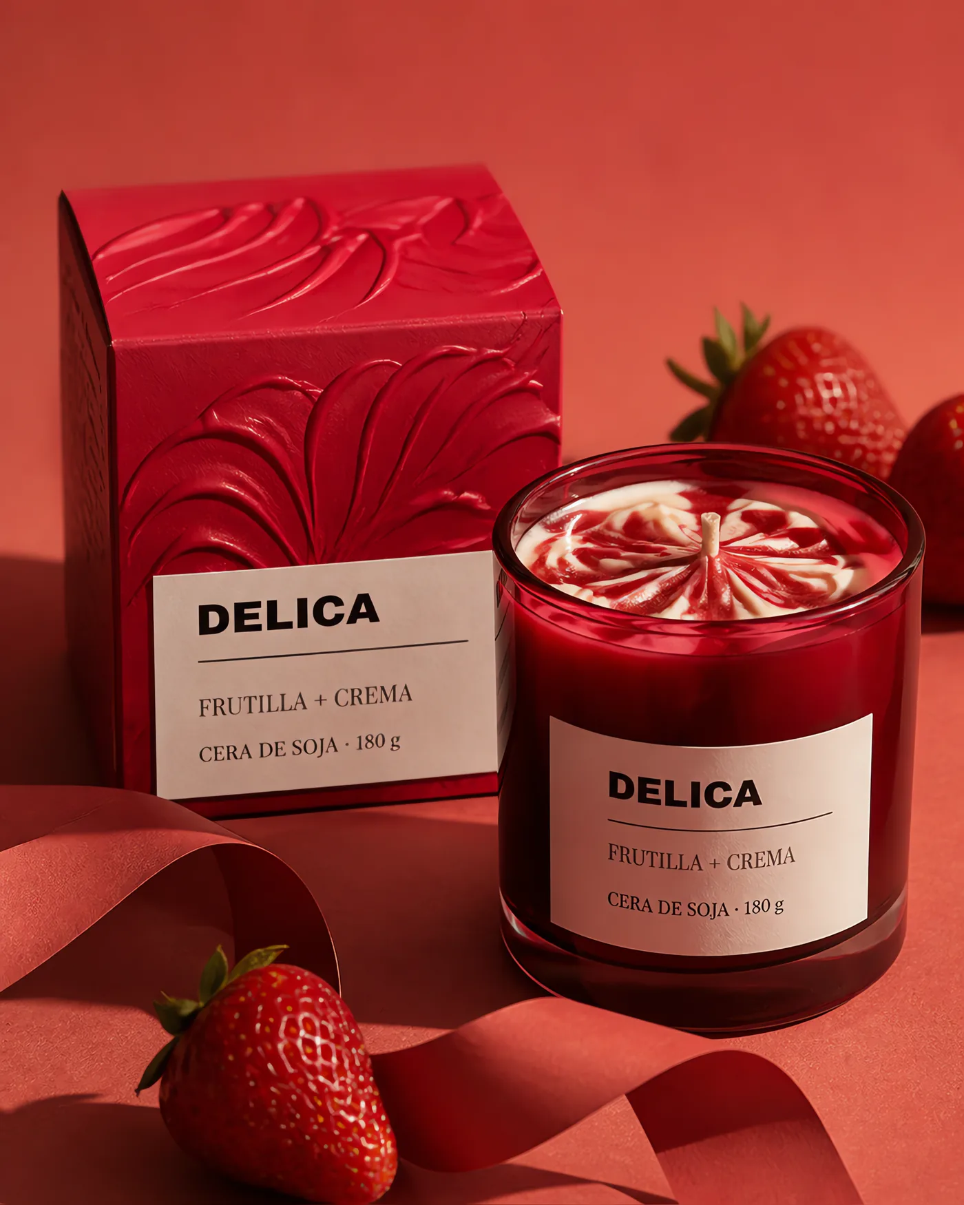 Vela DELICA de frutilla con crema junto a su caja borgoña texturada