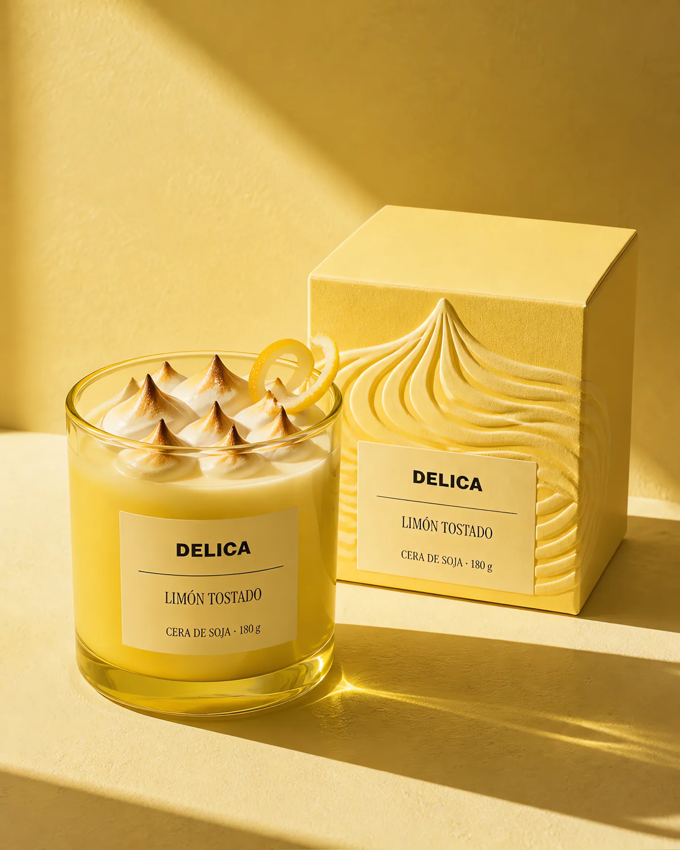 Vela DELICA de limón tostado con packaging amarillo y relieve de merengue