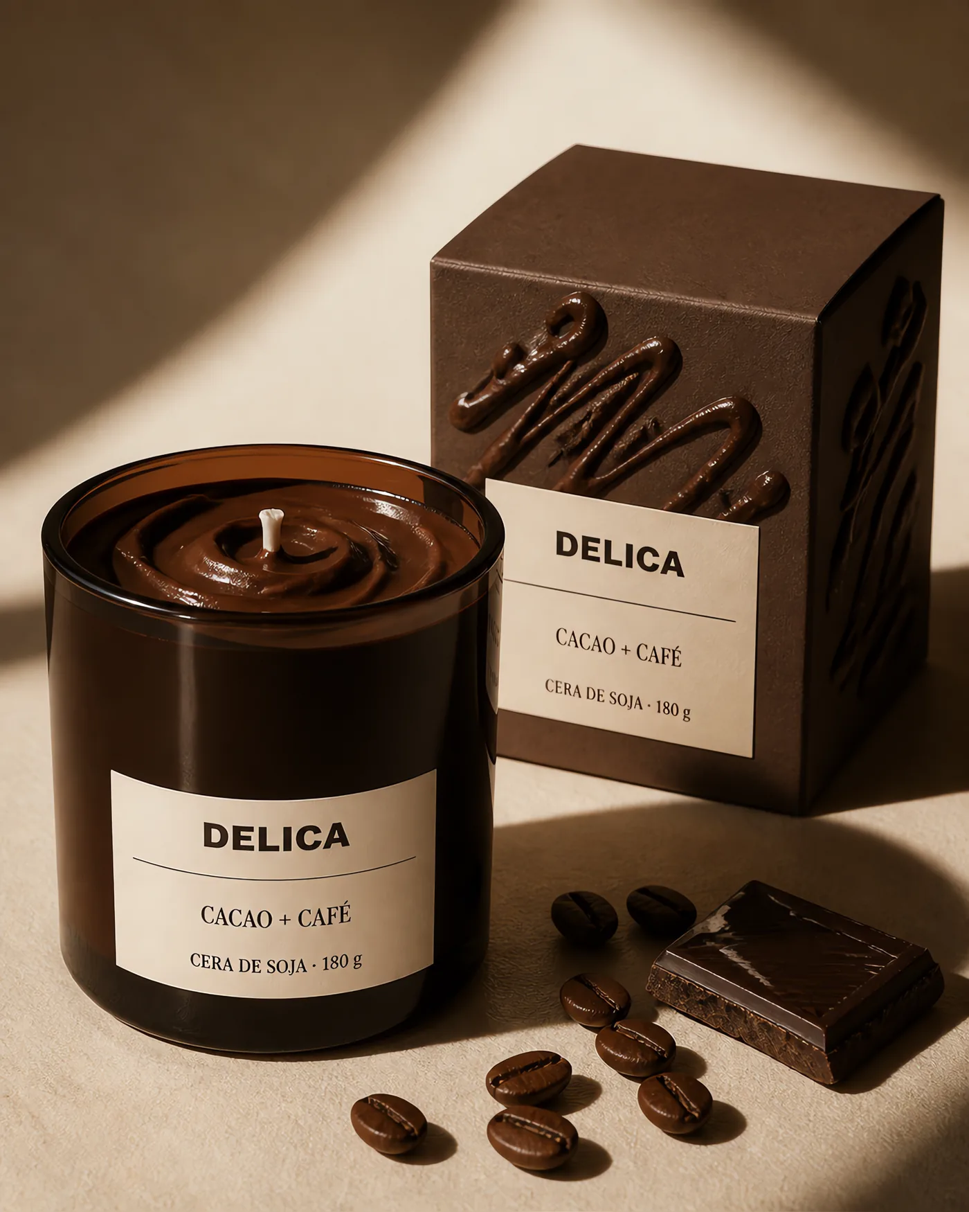 Vela DELICA de cacao y café con envase oscuro y packaging en relieve