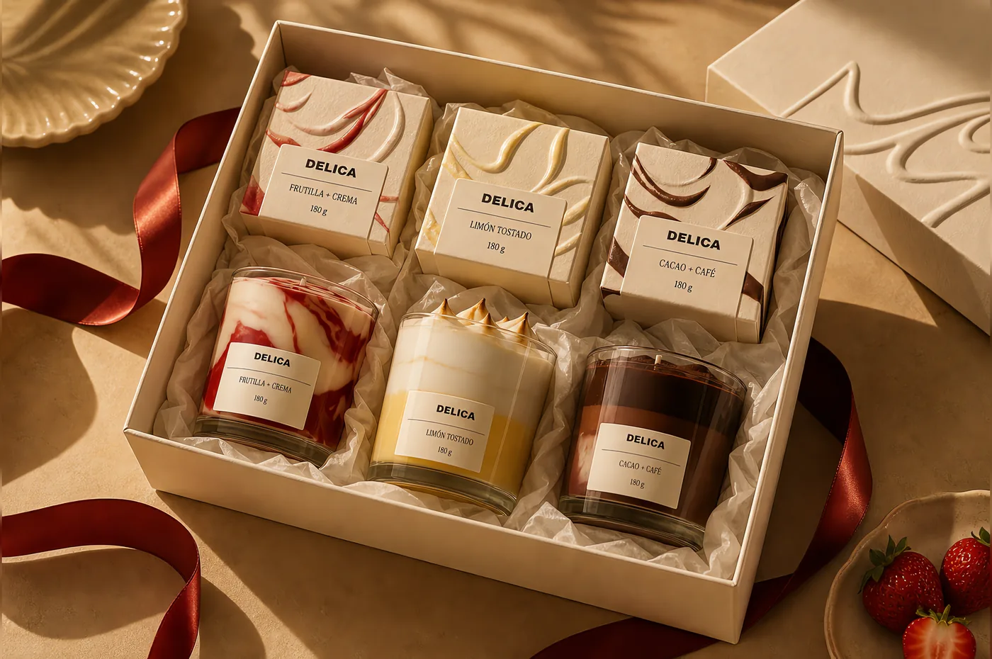 Colección de regalo DELICA con tres velas y cajas sobre una mesa cálida