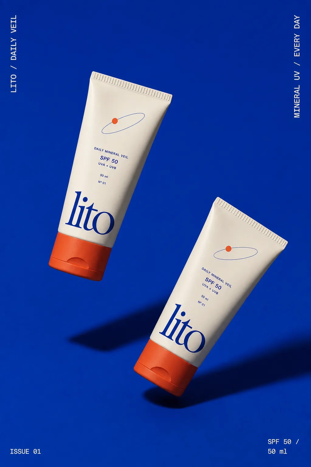 Dos protectores solares LITO en una composición dinámica sobre azul