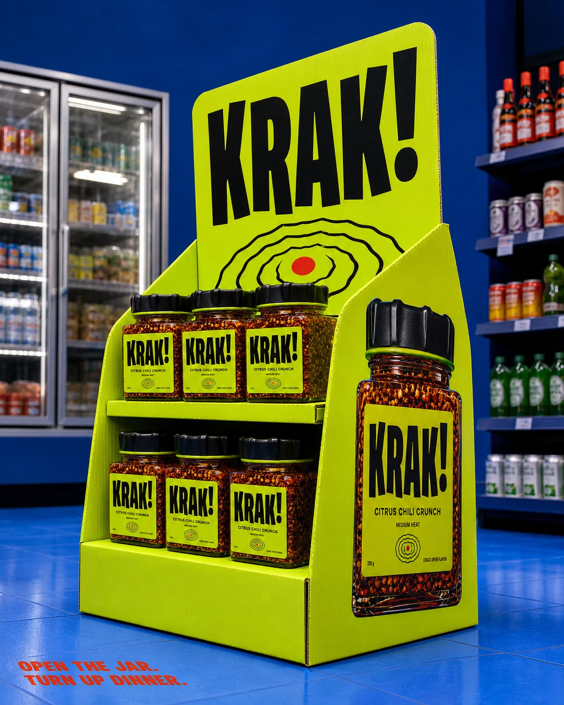 Exhibidor de retail de KRAK! con frascos y gráfica en lima ácida