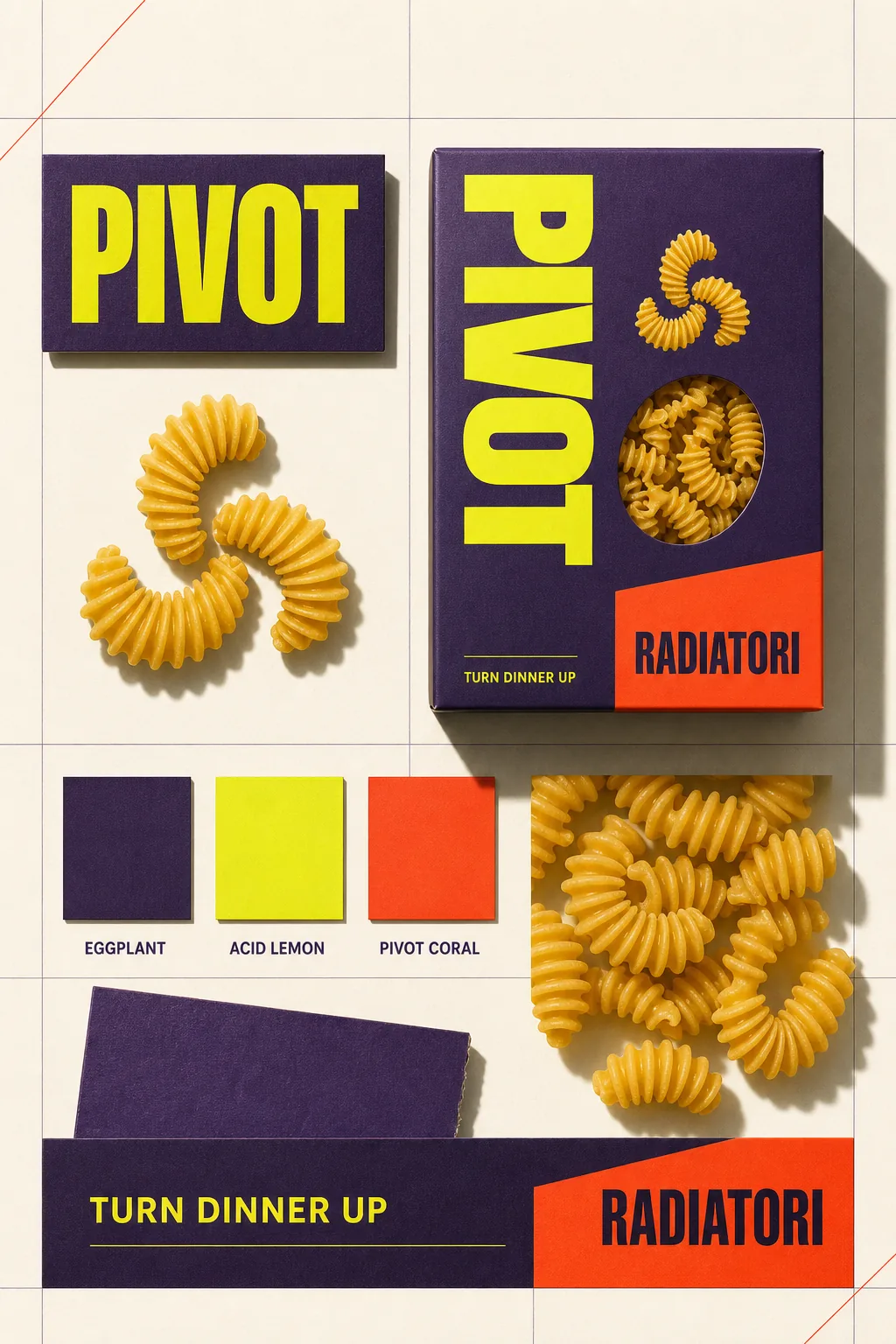 Sistema de identidad de PIVOTE con paleta, tipografía, packaging y recursos gráficos
