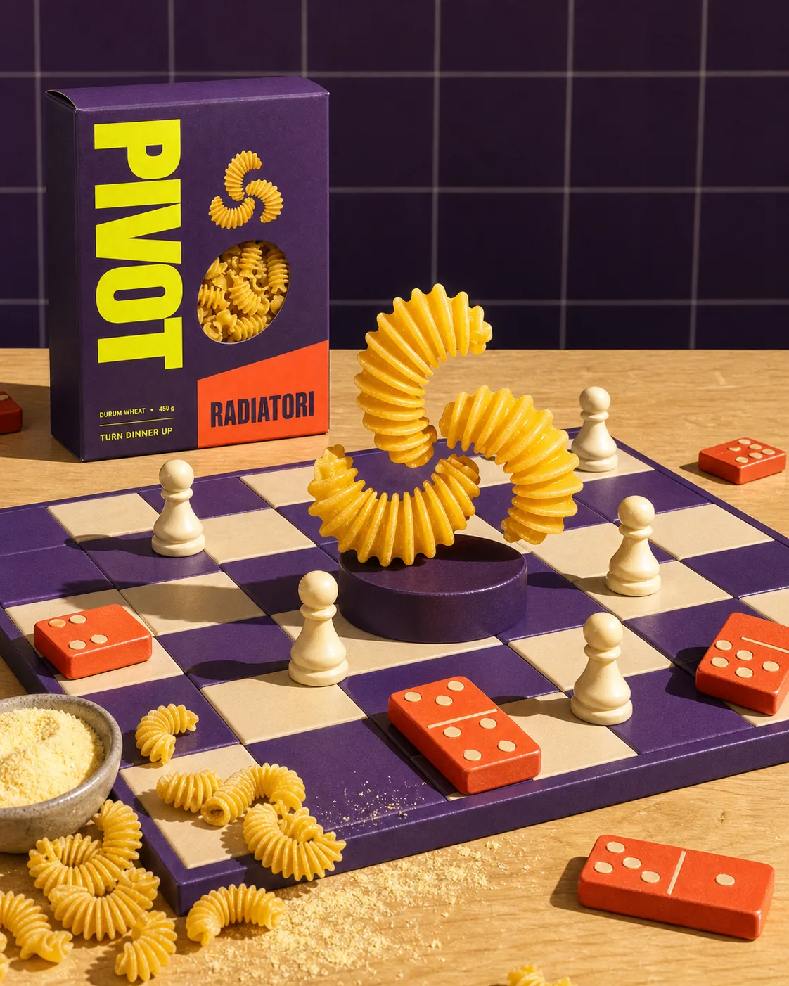 Campaña de PIVOTE con pasta, piezas de juego y packaging sobre una mesa
